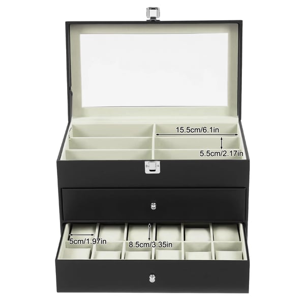 Ur- og brilleopbevaring - 3-lags opbevaringsboks - 24 rum (12 ure + 12 briller) - Glaslåg - Rektangulær - 33,5×19,3×22,5 cm - Sort