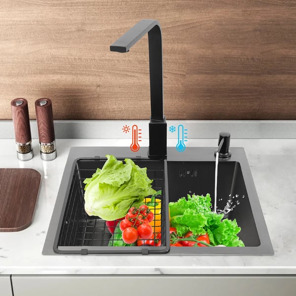 Køkkenvask sæt - Enkelt rektangulært bassin - Børstet rustfrit stål - Med armatur - 2 huller - 45×40×20 cm - Inkl. afløbskurv - Sort