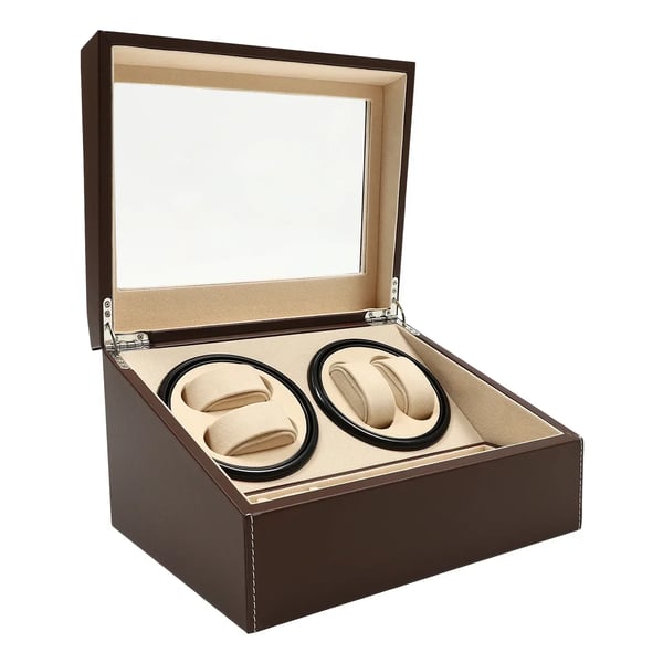 Watch Winder urbevæger boks - Bordmodel - 4+6 pladser - Automatisk med uret/mod uret - Støjsvag ca. 10 dB - Læder & træ - Med puder - Brun Watch Winder urbevæger boks - Bordmodel - 4+6 pladser - Automatisk med uret/mod uret - Støjsvag ca. 10 dB - Læder & træ - Med puder - Brun