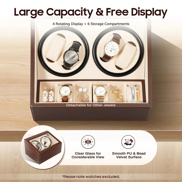 Watch Winder urbevæger boks - Bordmodel - 4+6 pladser - Automatisk med uret/mod uret - Støjsvag ca. 10 dB - Læder & træ - Med puder - Brun
