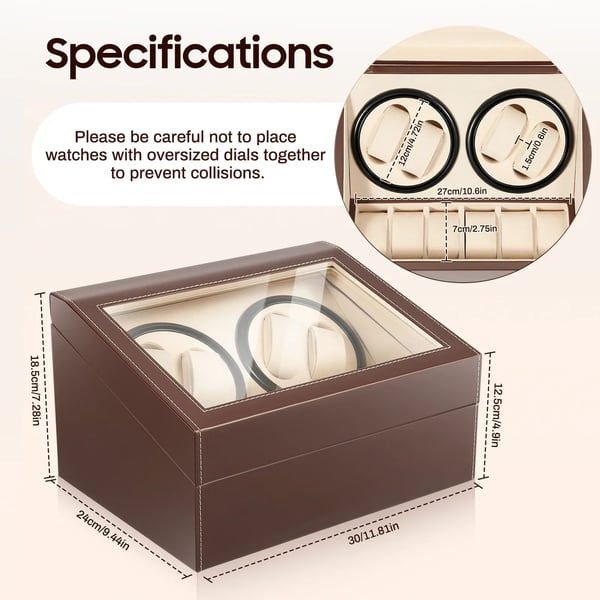 Watch Winder urbevæger boks - Bordmodel - 4+6 pladser - Automatisk med uret/mod uret - Støjsvag ca. 10 dB - Læder & træ - Med puder - Brun