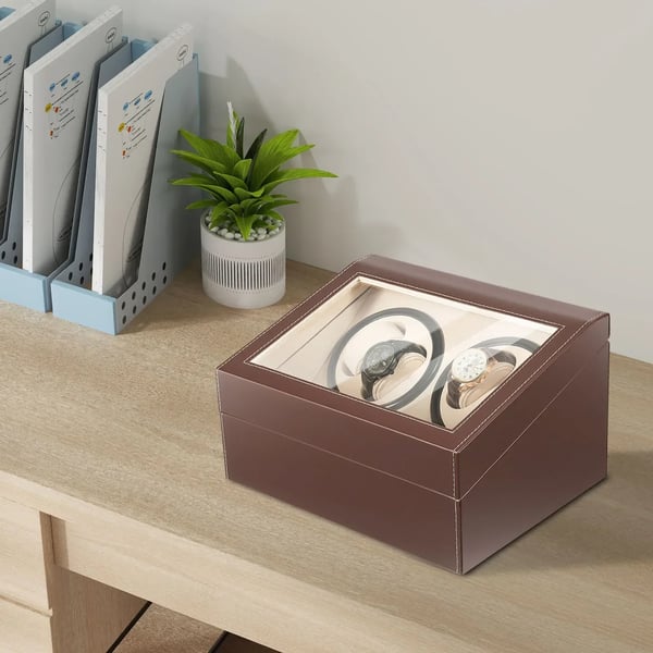 Watch Winder urbevæger boks - Bordmodel - 4+6 pladser - Automatisk med uret/mod uret - Støjsvag ca. 10 dB - Læder & træ - Med puder - Brun