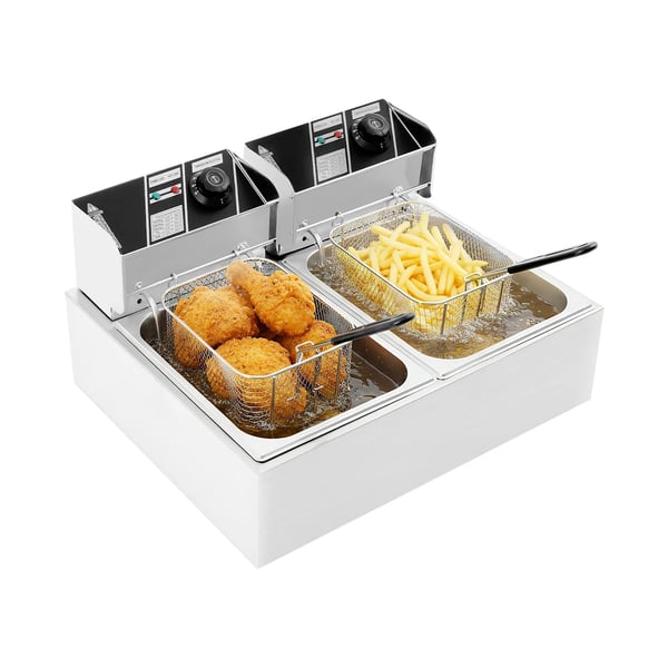 Elektrisk frituregryde - Dobbelt beholder - Kapacitet 6,2 l per beholder - To-zoners temperaturstyring - Effekt 2,5 kW - Til restaurant og hjem