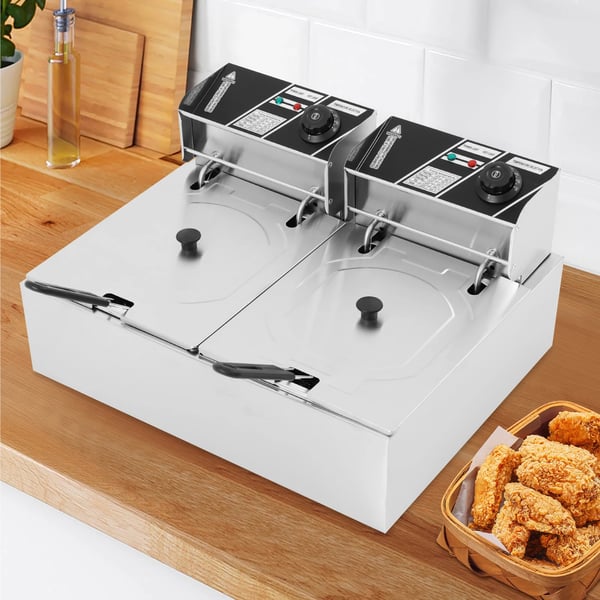 Elektrisk frituregryde - Dobbelt beholder - Kapacitet 6,2 l per beholder - To-zoners temperaturstyring - Effekt 2,5 kW - Til restaurant og hjem