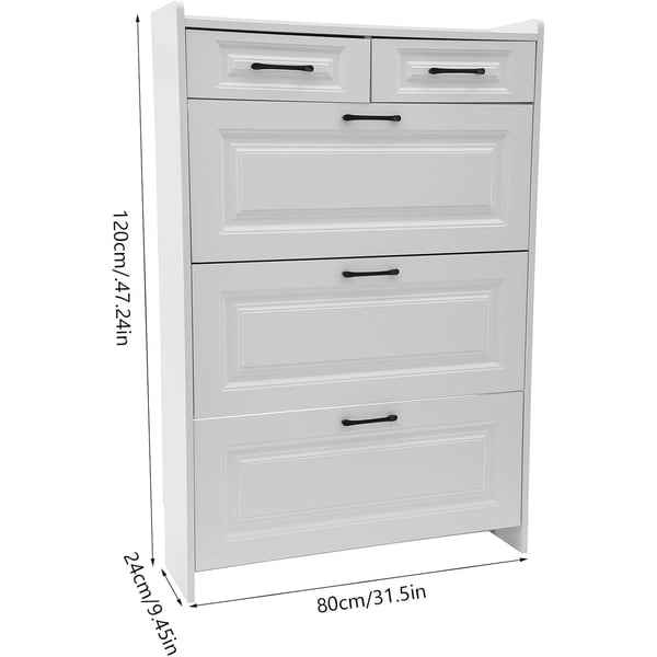 Skoskab - Model med 3 klapper og 2 skuffer - Smal 80 x 24 x 120 cm - Justerbar skohylde - Plads til ca. 16–20 par - Træbaseret plademateriale - Hvid