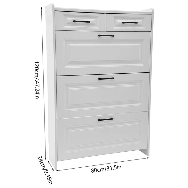 Skoskab - Model med 3 klapper og 2 skuffer - Smal 80 x 24 x 120 cm - Justerbar skohylde - Plads til ca. 16–20 par - Træbaseret plademateriale - Hvid