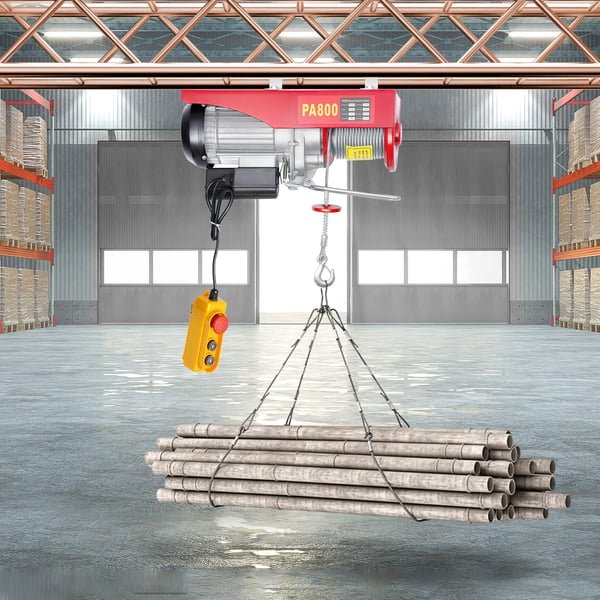 Elspil - Stålwiretalje - 400–800 kg løftekapacitet - Løftehøjde 12 m - 1300 W motor - Nødstop - Stålwire - Rød