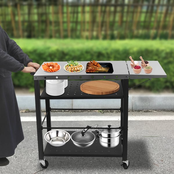 Serveringsvogn på hjul - 3 hylder - Rustfrit stål - 4 hjul, 2 bremser - 80×50×83 cm - 90,7 kg pr. hylde - Sort