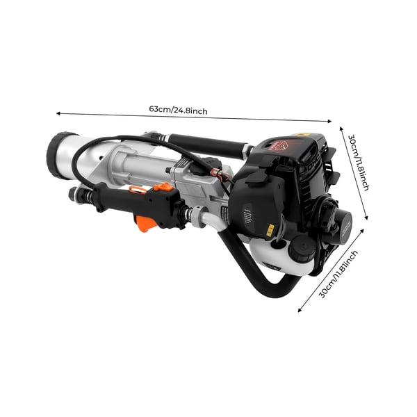 Benzindrevet pæledriver - 4-takt pælehammer - 37,7 cc - 1,2 kW - 20–45 J - Luftkølet encylindret - 30×30×63 cm - 12 kg - Sort