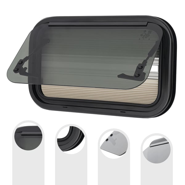Autocamper/campingvogn udslåeligt vindue - Sidevindue - 50×30 cm - 85° Åbning - Hærdet Glas - Aluminiumsramme - Insektnet - Sort