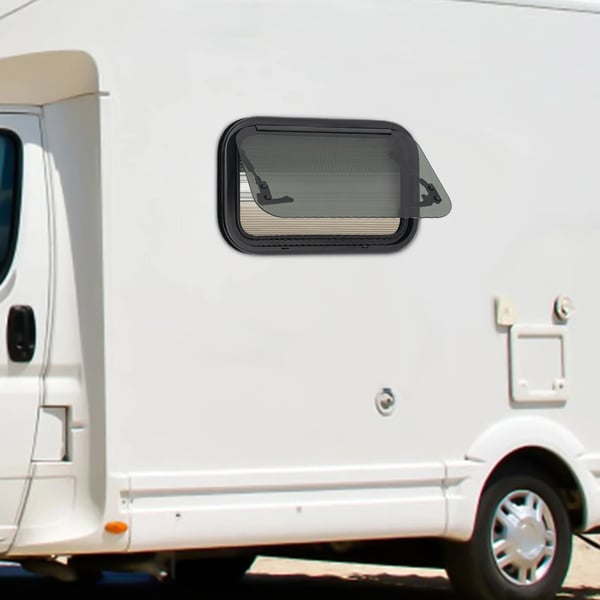 Autocamper/campingvogn udslåeligt vindue - Sidevindue - 50×30 cm - 85° Åbning - Hærdet Glas - Aluminiumsramme - Insektnet - Sort