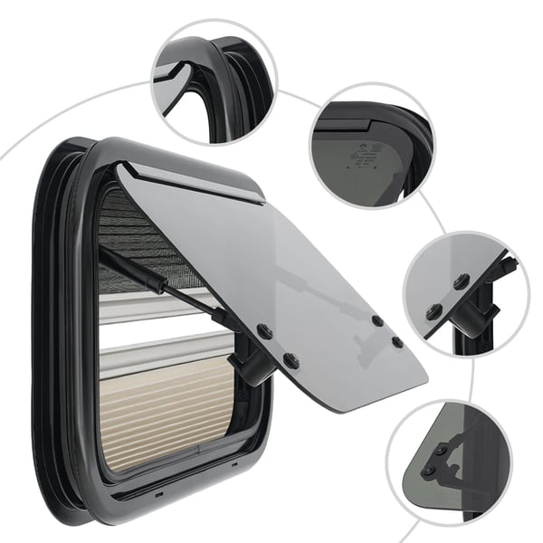 Autocamper/campingvogn udslåeligt vindue - Sidevindue - 50×30 cm - 85° Åbning - Hærdet Glas - Aluminiumsramme - Insektnet - Sort