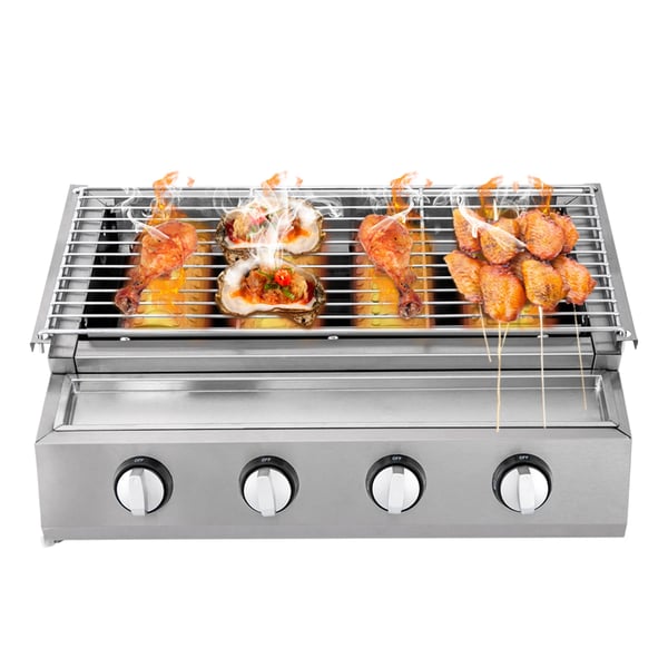 Gasgrill BBQ - 4 brændere - Rustfrit stål - LPG - Røgsvag - Bærbar - Aftagelig rist - Sølv