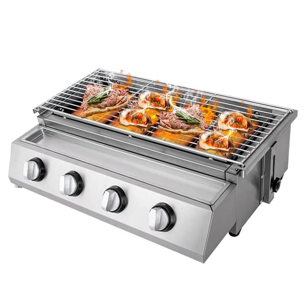 Gasgrill BBQ - 4 brændere - Rustfrit stål - LPG - Røgsvag - Bærbar - Aftagelig rist - Sølv