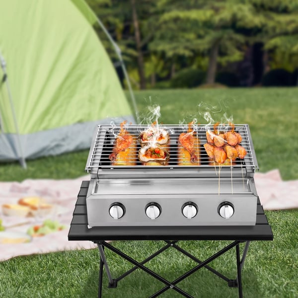 Gasgrill BBQ - 4 brændere - Rustfrit stål - LPG - Røgsvag - Bærbar - Aftagelig rist - Sølv