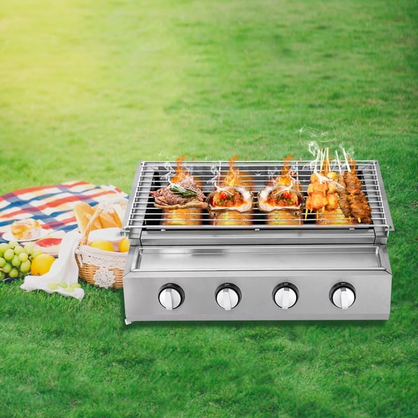 Gasgrill BBQ - 4 brændere - Rustfrit stål - LPG - Røgsvag - Bærbar - Aftagelig rist - Sølv