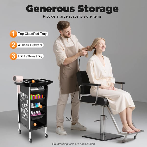 Frisørvogn - Salonvogn - 6 niveauer - PP-plast - Universelle hjul - 30–50 kg bæreevne - Montering kræves
