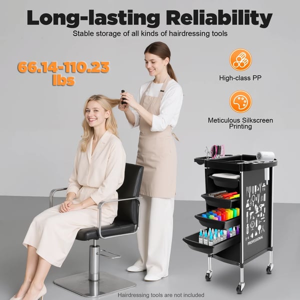 Frisørvogn - Salonvogn - 6 niveauer - PP-plast - Universelle hjul - 30–50 kg bæreevne - Montering kræves