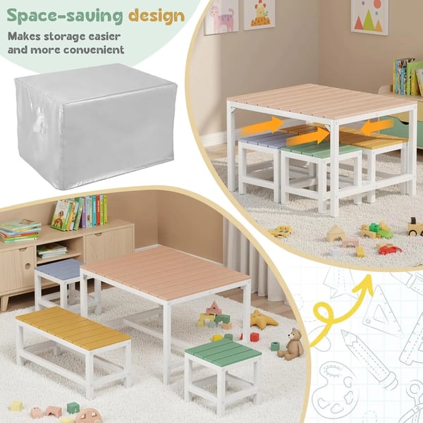 Barnbord och stolar - 3-delars set - Trä - Utomhus trädgård/picknick - Vattentätt överdrag - 75×60×49 cm - Montering krävs - Mörkgrå
