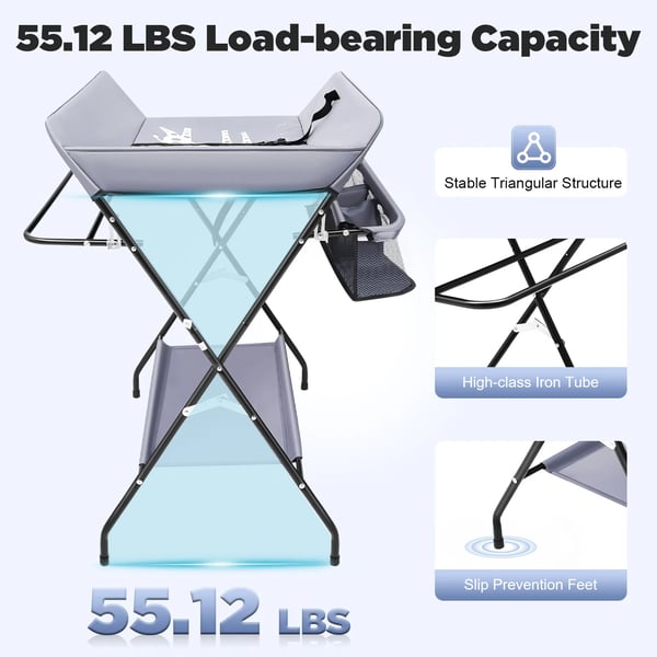 Puslebord - Sammenklappelig puslestation - Med opbevaring - Bærbar - Uden hjul - Max 25 kg - Alder 0–12 mdr - Plast - Sølv