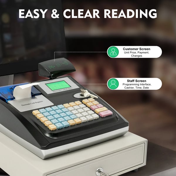 Elektronisk kasseapparat - POS 48 taster - Dobbelt LED-display - Pengeskuffe - Til butik & restaurant - Sort