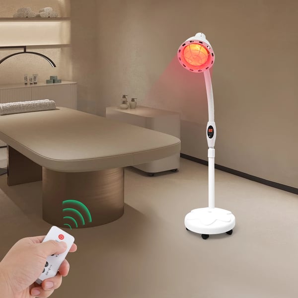 Infrarød terapilampe - Gulvmodel - 360° lampehoved - Timer 5–60 min - Fjernbetjening 4 m - Højde 125–160 cm - 0–115 °C - EU-stik - Hvid