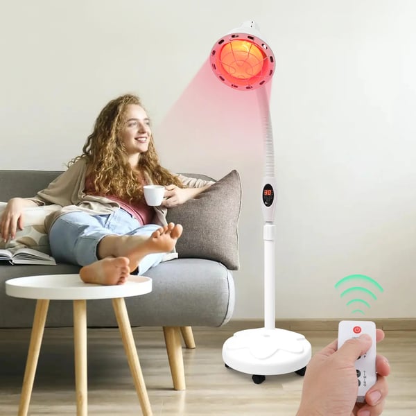 Infrarød terapilampe - Gulvmodel - 360° lampehoved - Timer 5–60 min - Fjernbetjening 4 m - Højde 125–160 cm - 0–115 °C - EU-stik - Hvid