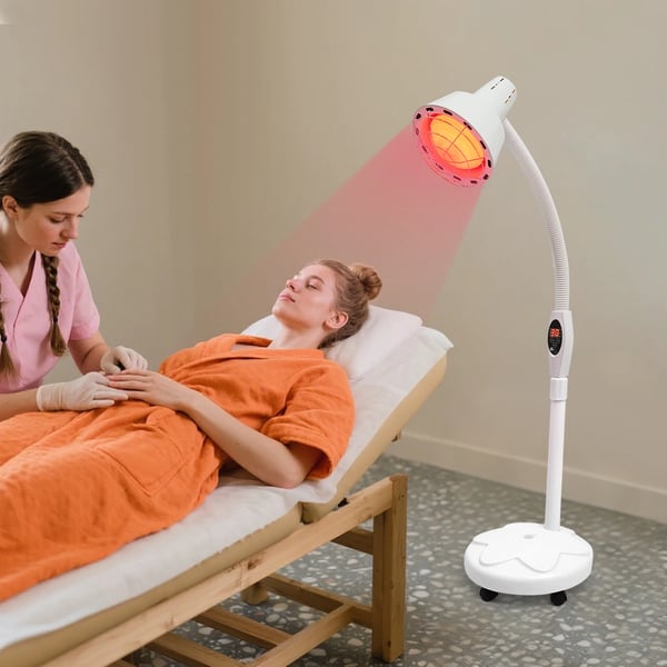 Infrarød terapilampe - Gulvmodel - 360° lampehoved - Timer 5–60 min - Fjernbetjening 4 m - Højde 125–160 cm - 0–115 °C - EU-stik - Hvid