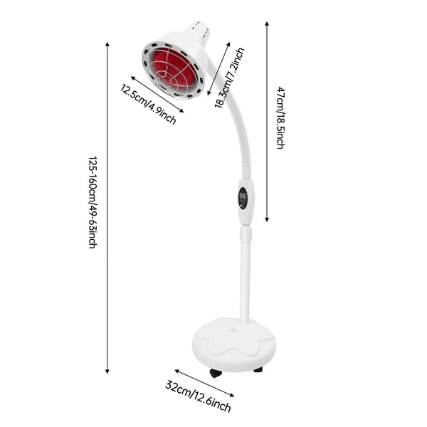 Infrarød terapilampe - Gulvmodel - 360° lampehoved - Timer 5–60 min - Fjernbetjening 4 m - Højde 125–160 cm - 0–115 °C - EU-stik - Hvid