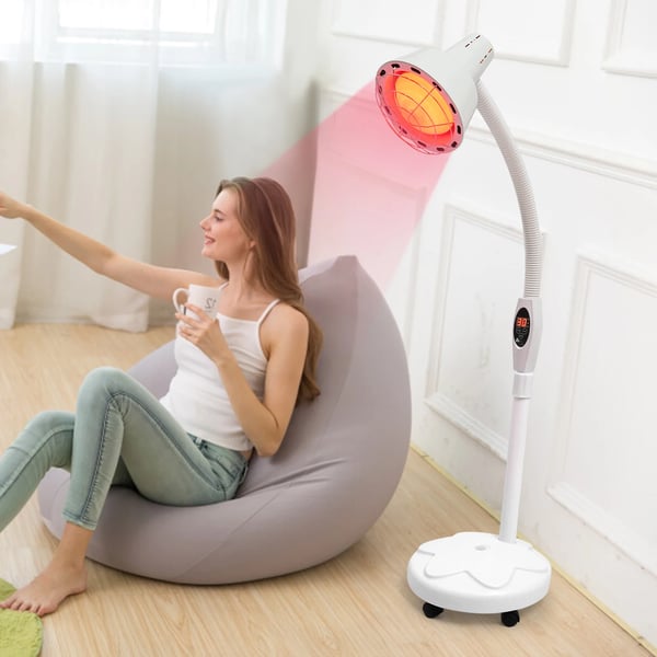 Infrarød terapilampe - Gulvmodel - 360° lampehoved - Timer 5–60 min - Fjernbetjening 4 m - Højde 125–160 cm - 0–115 °C - EU-stik - Hvid