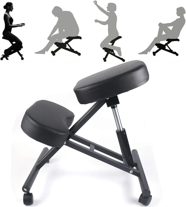 Ergonomisk knæstol - Ortopædisk holdningsstol - Højdejusterbar 50–60 cm - Tykke puder - Med hjul - Stålramme - Belastning 100 kg - Sort