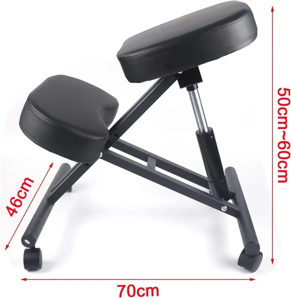 Ergonomisk knæstol - Ortopædisk holdningsstol - Højdejusterbar 50–60 cm - Tykke puder - Med hjul - Stålramme - Belastning 100 kg - Sort