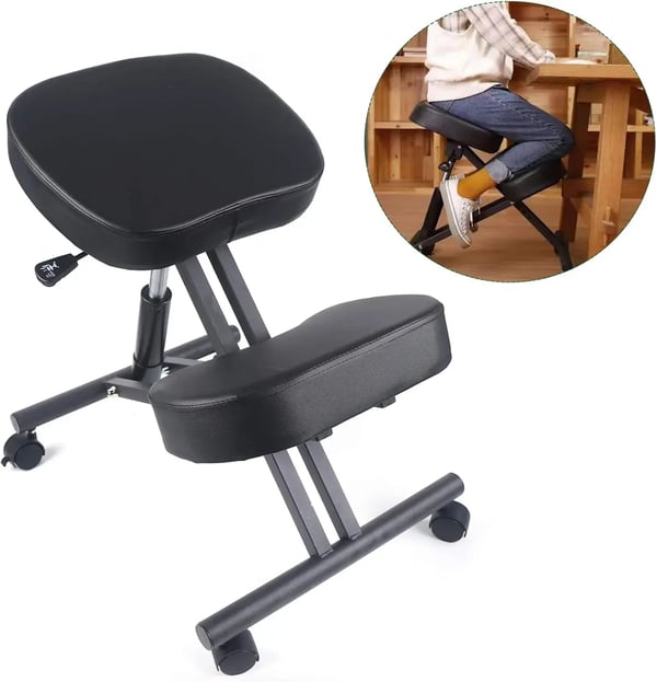 Ergonomisk knæstol - Ortopædisk holdningsstol - Højdejusterbar 50–60 cm - Tykke puder - Med hjul - Stålramme - Belastning 100 kg - Sort