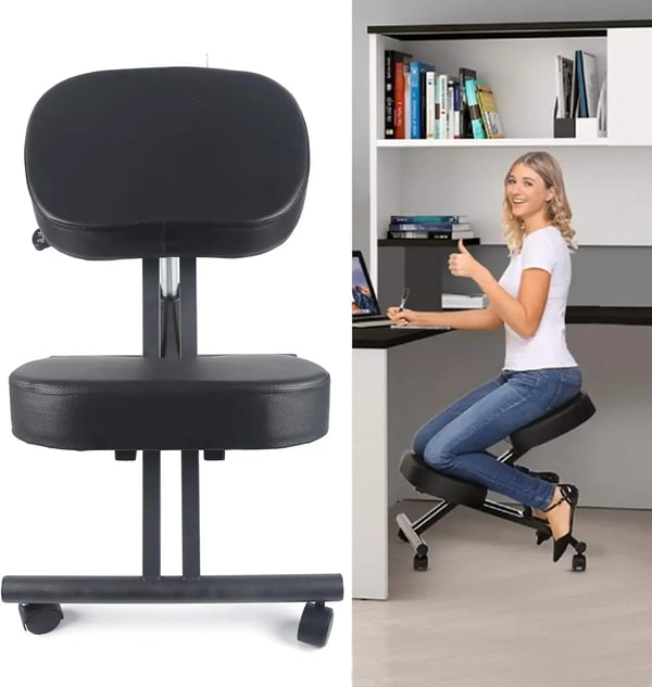 Ergonomisk knæstol - Ortopædisk holdningsstol - Højdejusterbar 50–60 cm - Tykke puder - Med hjul - Stålramme - Belastning 100 kg - Sort