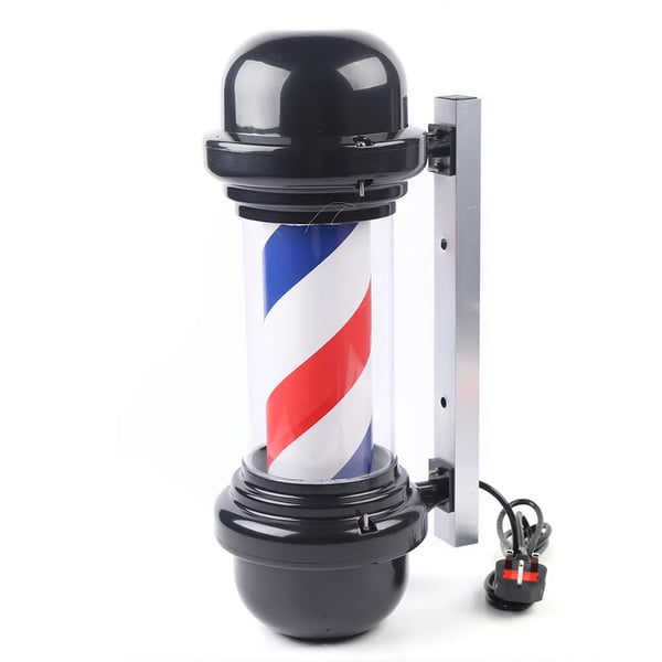 Barber Pole barberstang LED-skilt - Vægmonteret salonsskilt - 50,8 cm - Roterende - Energibesparende LED - Sort med rød/hvid/blå striber