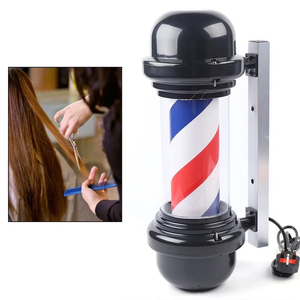Barber Pole barberstang LED-skilt - Vægmonteret salonsskilt - 50,8 cm - Roterende - Energibesparende LED - Sort med rød/hvid/blå striber