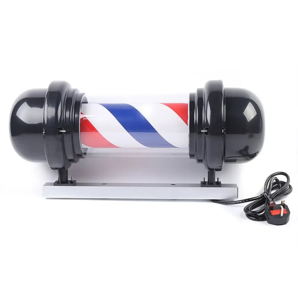 Barber Pole barberstang LED-skilt - Vægmonteret salonsskilt - 50,8 cm - Roterende - Energibesparende LED - Sort med rød/hvid/blå striber