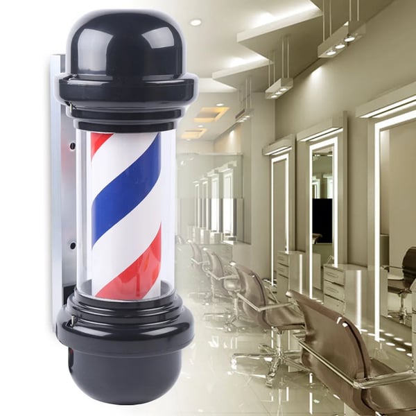 Barber Pole barberstang LED-skilt - Vægmonteret salonsskilt - 50,8 cm - Roterende - Energibesparende LED - Sort med rød/hvid/blå striber