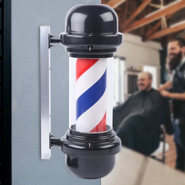 Barber Pole barberstang LED-skilt - Vægmonteret salonsskilt - 50,8 cm - Roterende - Energibesparende LED - Sort med rød/hvid/blå striber