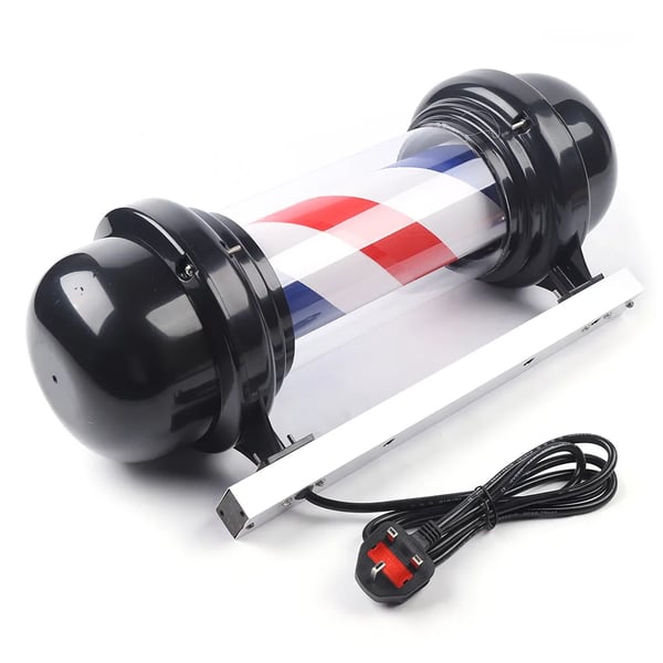 Barber Pole barberstang LED-skilt - Vægmonteret salonsskilt - 50,8 cm - Roterende - Energibesparende LED - Sort med rød/hvid/blå striber
