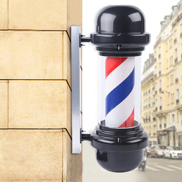 Barber Pole barberstang LED-skilt - Vægmonteret salonsskilt - 50,8 cm - Roterende - Energibesparende LED - Sort med rød/hvid/blå striber