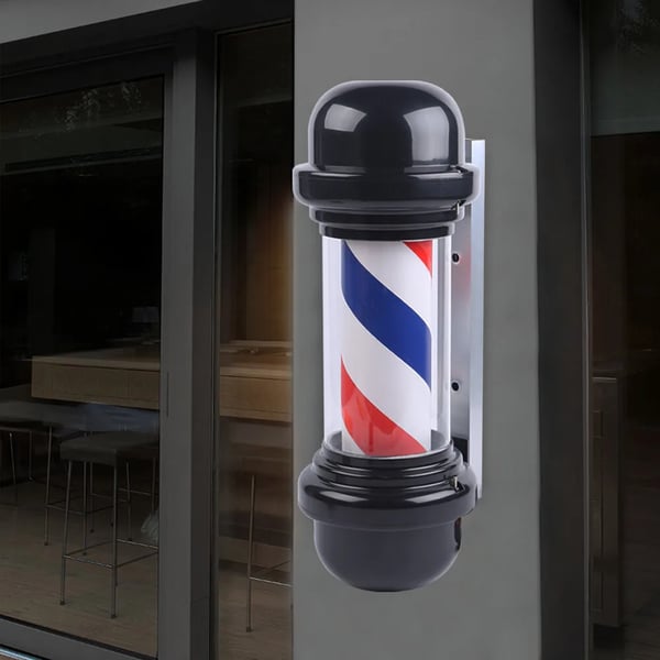 Barber Pole barberstang LED-skilt - Vægmonteret salonsskilt - 50,8 cm - Roterende - Energibesparende LED - Sort med rød/hvid/blå striber