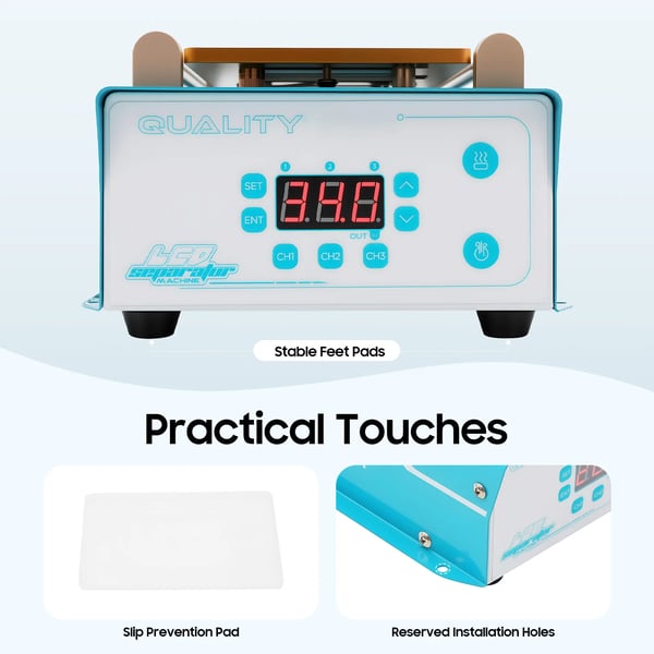 948A - LCD-skærmadskiller - 400W - EU-stik - PTC-opvarmning - LED-display - Til skærme ≤ 17,8 cm - 0–140 °C - Blå