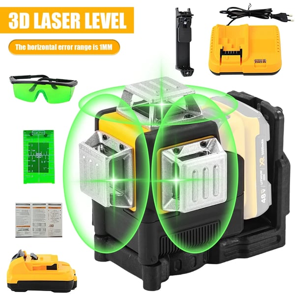 3D Laseritaso - 12 Linjaa - Vihreä Säde - Itsetasaava - 360° Vaaka ja Pysty - Sisältää Akun - Kulta