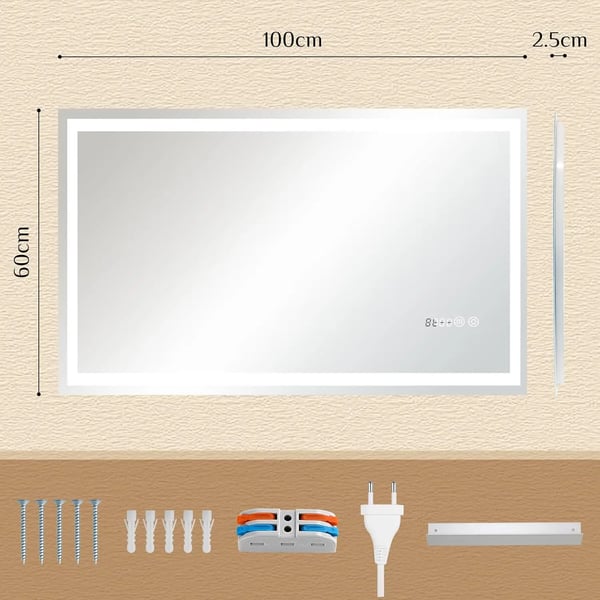 Badeværelsesspejl - LED-spejl - 100 x 60 cm - Rektangulær rammefri - Dugfri - 3 dæmpbare lysfarver - Touchsensor - Digitalt ur - Rød