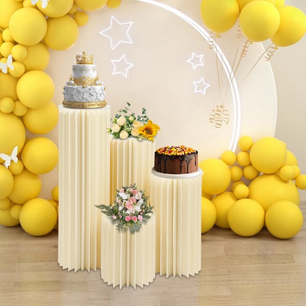 Blomsterstander - Søjle piedestalsæt - Sammenklappelig - 4 Størrelser 4-pak - Bæreevne 25–30 kg/stk - Papir + PVC - Til bryllup/fest - Lysegul