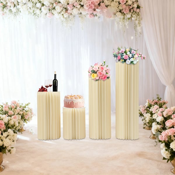 Blomsterstander - Søjle piedestalsæt - Sammenklappelig - 4 Størrelser 4-pak - Bæreevne 25–30 kg/stk - Papir + PVC - Til bryllup/fest - Lysegul