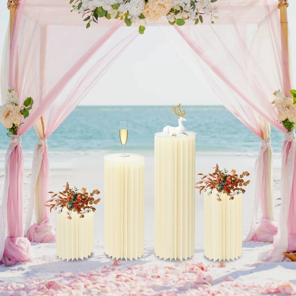 Blomsterstander - Søjle piedestalsæt - Sammenklappelig - 4 Størrelser 4-pak - Bæreevne 25–30 kg/stk - Papir + PVC - Til bryllup/fest - Lysegul