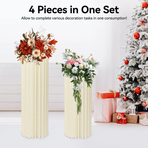 Blomsterstander - Søjle piedestalsæt - Sammenklappelig - 4 Størrelser 4-pak - Bæreevne 25–30 kg/stk - Papir + PVC - Til bryllup/fest - Lysegul