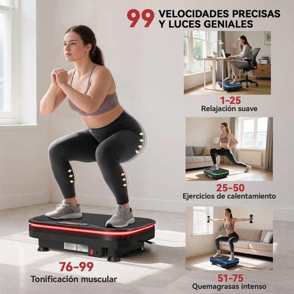 Vibrationsplatta - Träningsmaskin - 99 Hastigheter - 3 Program - Bluetooth-högtalare - LED-display - Fjärrkontroll - Motståndsband - Svart
